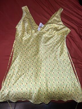 PINK Victoria's Secret Yellow Floral Satin Chemise with Grid Print